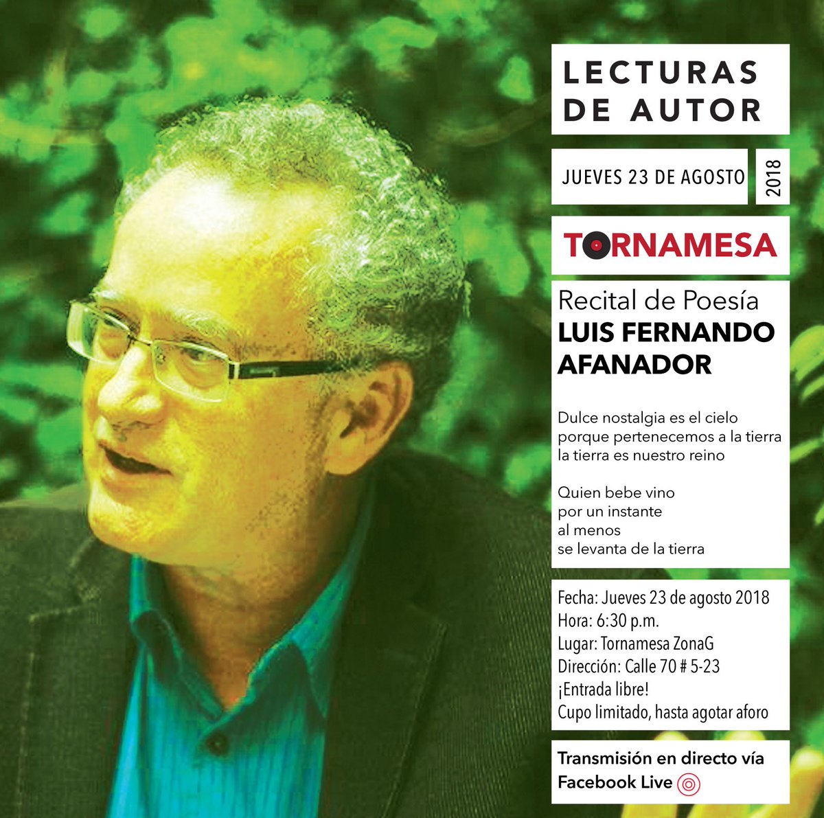 LaTornamesa's tweet photo. En 15’ se inicia el recital de poesía de Luis Fernando Afanador que podrás escuchar vía #FacebookLive en transmisión en directo desde Tornamesa #ZonaG Un programa de la serie #LecturasDeAutor
TORNAMESA #MásQueLibros
#CulturaEnMovimiento https://t.co/HY0OZcFb5W