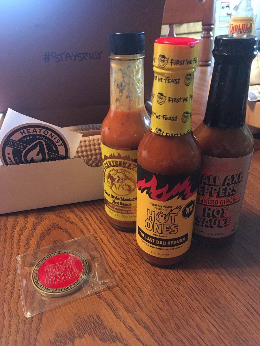 internetdrake's tweet image. First box from @firstwefeast Hot Ones and @Heatonist is 👌 🔥🔥🔥 #stayspicy #spicelords Already dove into the Dick&apos;s Caribbean and it&apos;s great.