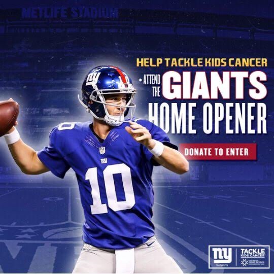 eazyengram's tweet photo. With a $10 or more donation to @TackleKidsCancr, an organization that supports research and programs at the Children’s Cancer Institute @HMHNewJersey, you’ll have the chance to WIN a meet &amp; greet with Eli + 2 tickets to the home opener vs. Jax. Donate: https://t.co/ZPTcMFTS7M https://t.co/lUv0QxMR5u
