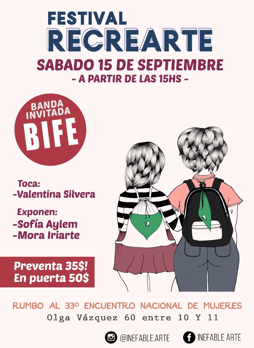 inefablearte's tweet photo. 🔥🌺FESTIVAL RECREARTE🌺🔥
Como colectivo autogestivo de cara al Encuentro Nacional de Mujeres Chubut 2018 lxs invitamos a participar del festi RecreARTE 
El sábado 15 de septiembre a las 15hs.
Hablanos por Instagram o por Facebook y arreglamos para darte preventas! https://t.co/fp9Ecrmb2A