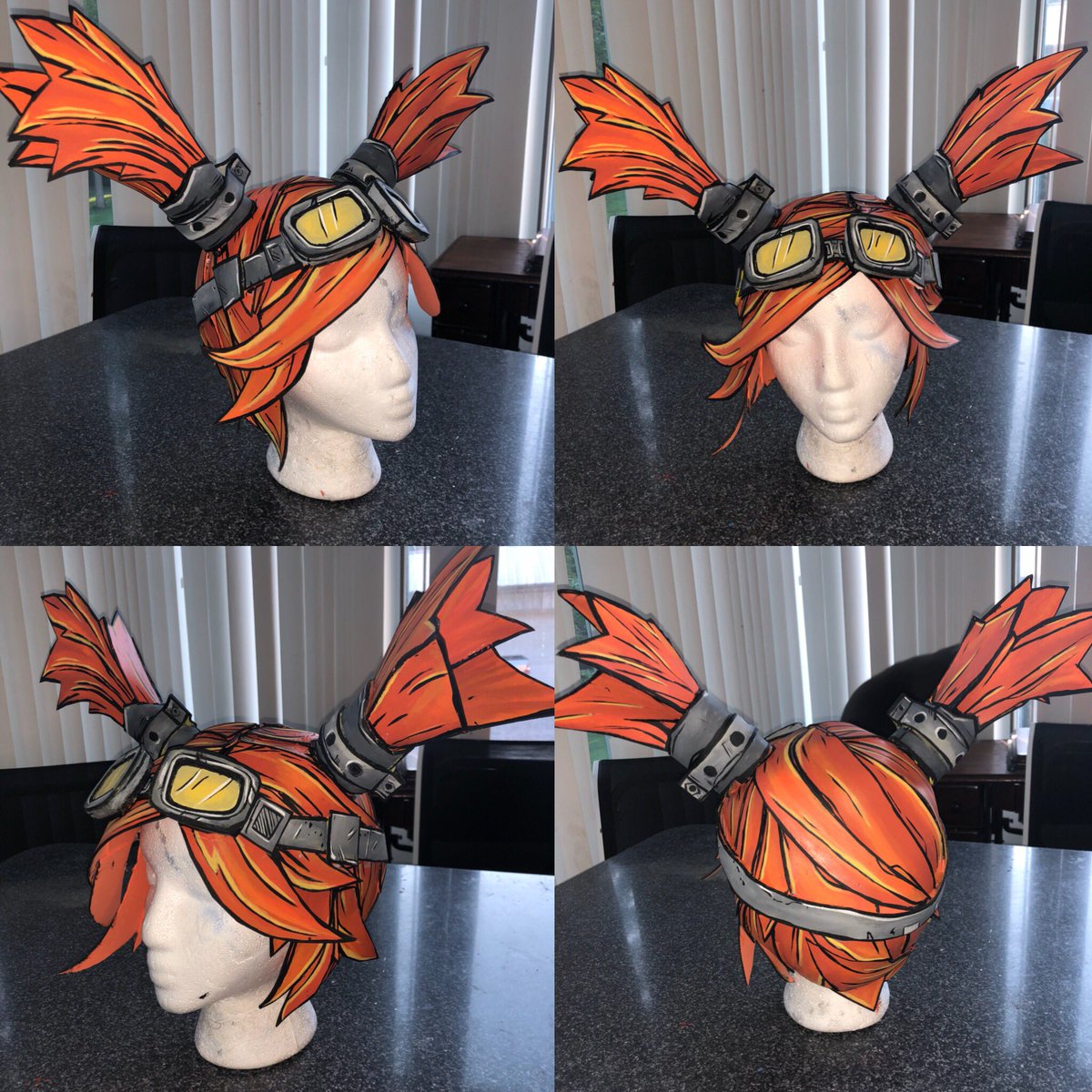 Gaige’s wig is pretty much done!! I’m so excited to be bringing a new Borderlands costume to dragon*con! I made this out of craft foam and then painted it by hand :D