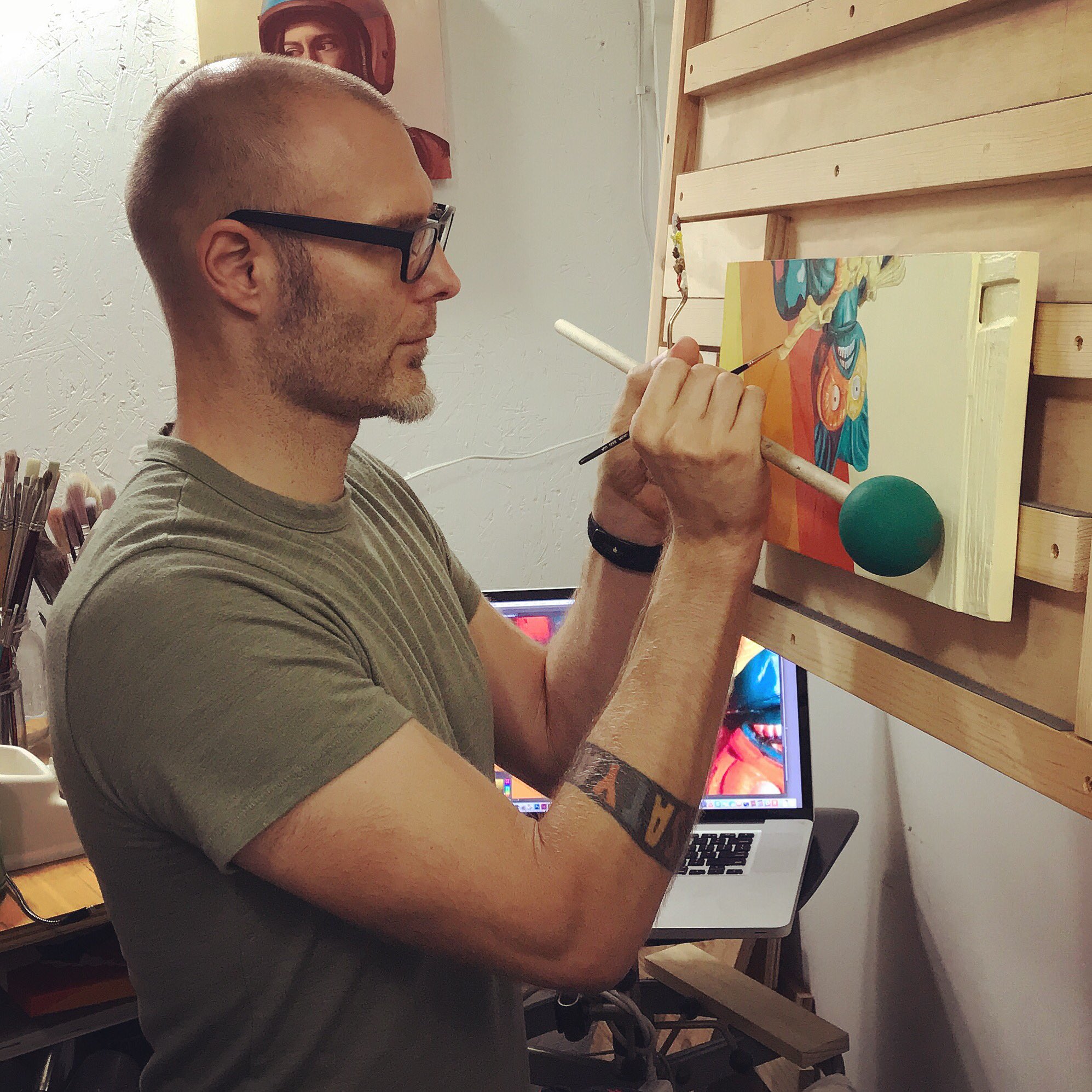 DANKO on X: Putting the final touches on Merman, upside down, with the  homemade mahl stick. Dowel + racquet ball keeps my hand steady and out of  the wet paint. #process #wip #