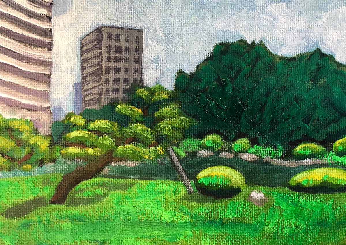 My mini painting of the Japanese garden here #artist #art #gardens #newotani #tokyo #gouache #painting #contemporaryart #japan #cities #asia #womenartists #janelhouton #shochikubai #pine #matsu #akasakamitsuke