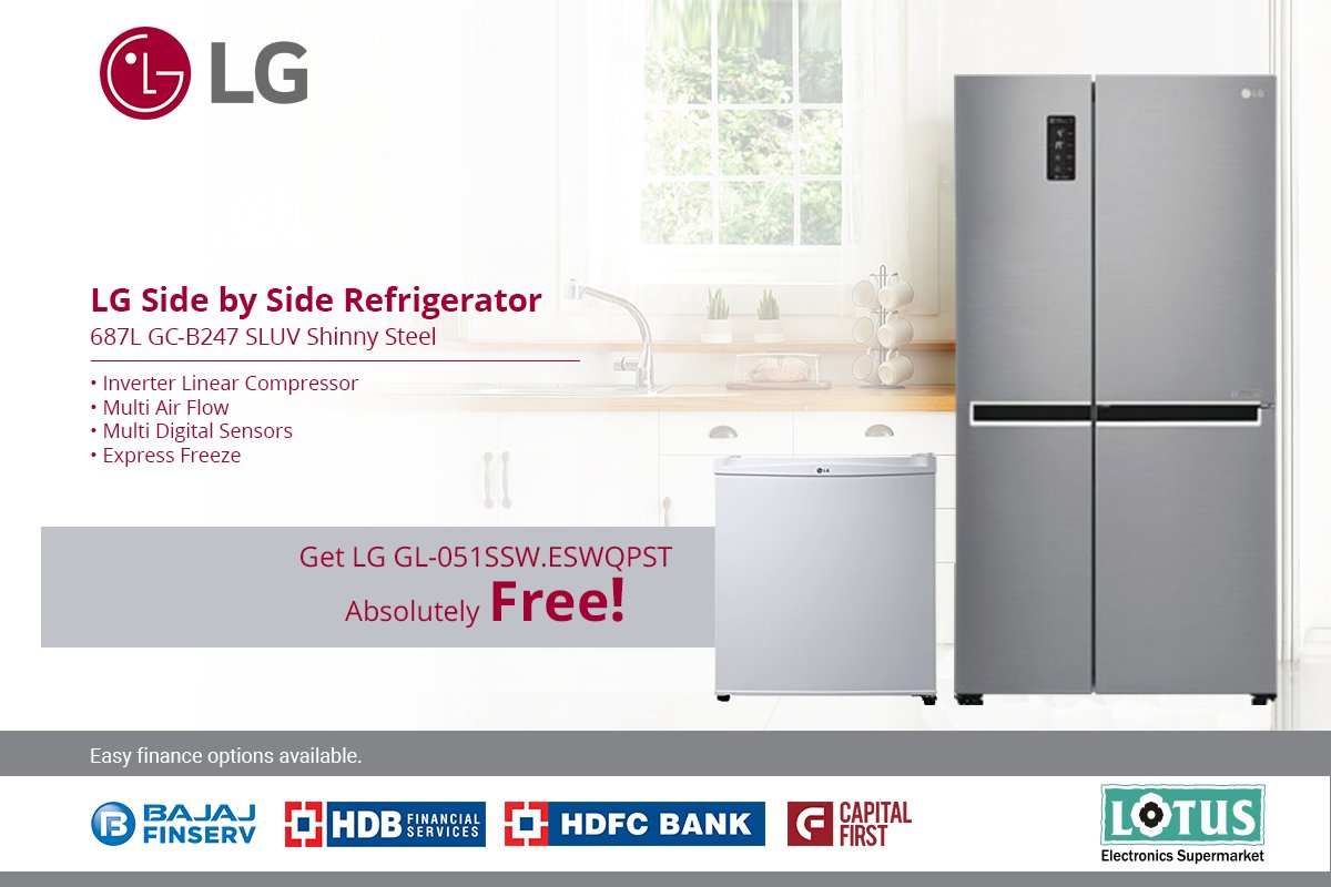 LotusElec's tweet image. All new LG GC-B247 SLUV #SideBySiderefrigerator 687L
Buy today from your nearest #LotusElectronics store and get LG GL-051SSW.ESWQPST absolutely Free!

#MultiAirFlow #MultiDigitalSensor #LGSidebySide #Indore #Bhopal #Raipur #Bilaspur #Ujjain #Nagpur #ThinkElectronics #ThinkLotus