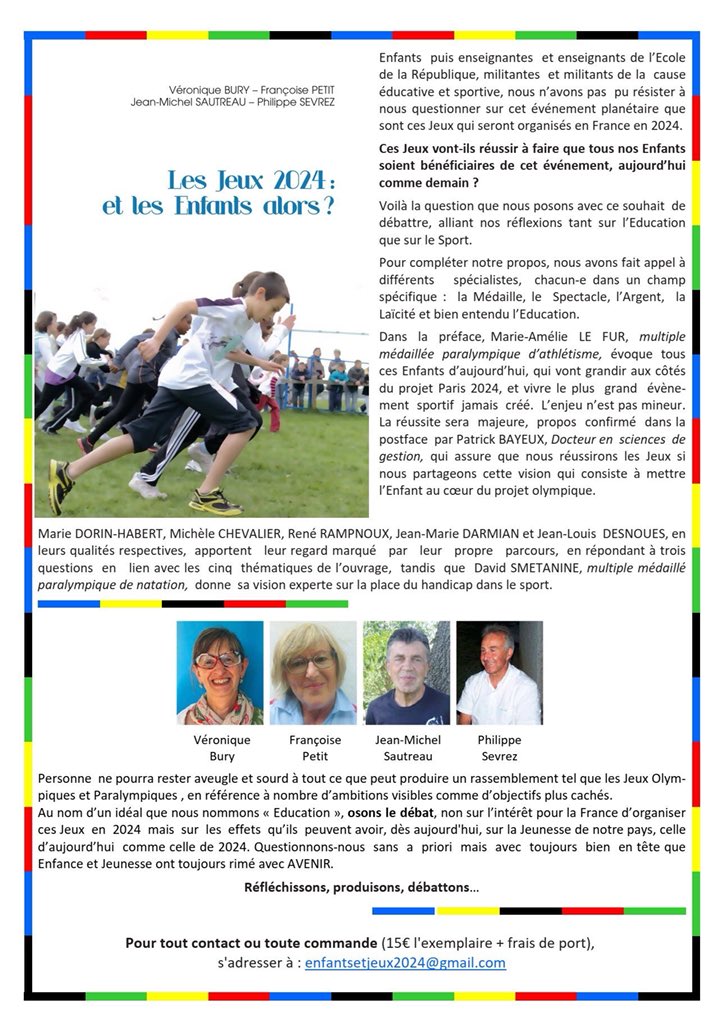 JacquesBrouleau's tweet photo. Nouvel ouvrage sur les Jeux Olympiques : « Les Jeux 2024 et les enfants alors ? » #Paris2024 @Paris2024 @OlympEduc @SOLYMPICSFrance @TonyESTANGUET 
Préface de @mariealefur et posface de @patrickbayeux ! https://t.co/wgwF5asVdl