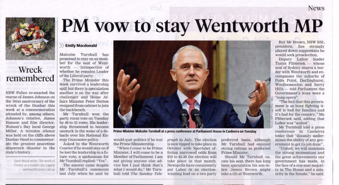 SharriMarkson's tweet photo. Remember, just three days ago, Turnbull told his local paper, the Wentworth Courier, he would NOT quit politics if he was rolled as leader. https://t.co/ZvcS4F8WVa