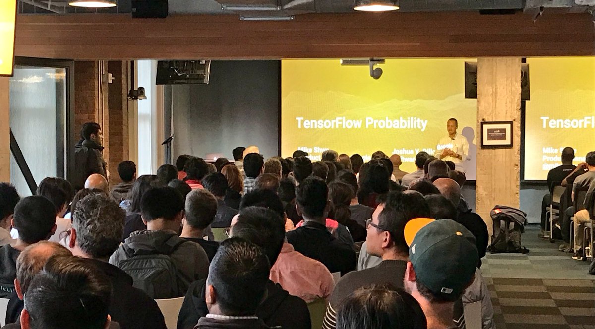 gully_'s tweet photo. Standing Room Only at the SF Big Analytics Meetup, speaker is Mike Shwe talking about TensorFlow Probability #sfBigAnalytics https://t.co/ppeFAooMgV