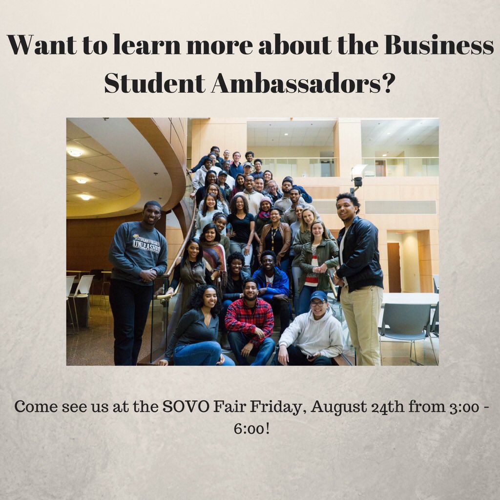 BSA_VCU's tweet photo. Want to learn more about the Business Student Ambassadors? Come see our table tomorrow at the SOVO Fair! 

Application link can be found in our bio and on the School of Business website. Please contact Sydney Knotts at knottssk@vcu.edu or bsaatvcu@gmail.com with any questions! https://t.co/taNeRiCJZR