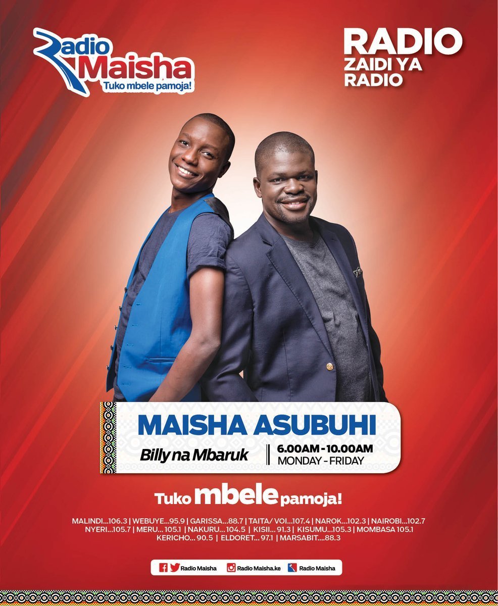 radiomaisha's tweet photo. Habari za asubuhi, ni Ijuma nyingine safi. @BillyMiya na @mbarukmwalimu wako tayari kukuanzishia wikendi yako. #TGIF #MaishaConcertFriday unatupata ukiwa wapi? @DJYOUNGKENYA @koderoh https://t.co/YIJy3pKUv0