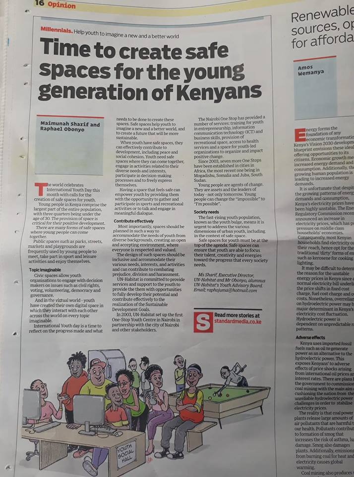 Time to create safe spaces for the young generation of Kenyans:  standardmedia.co.ke/article/200129…   @StandardKenya  @UNHABITAT @MaimunahSharif #SafeSpaces4Youth #YouthDay #youthday2018  @unhabitatyouth  @UN #YOUTH