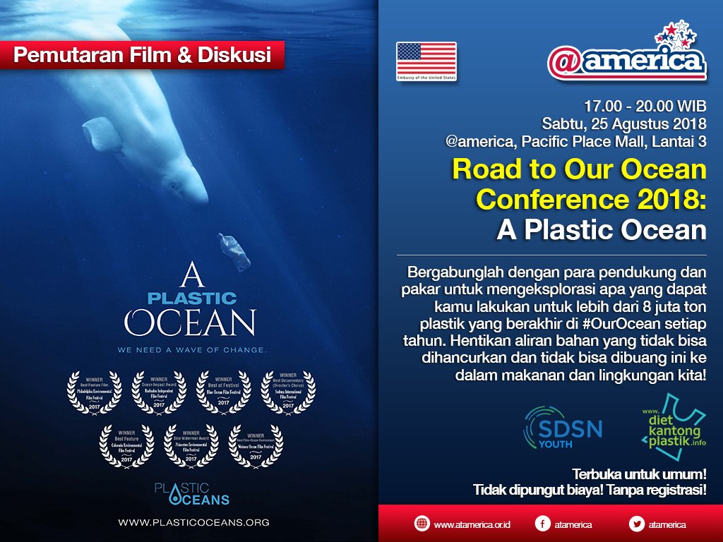 Ada lebih dari 8 juta ton plastik yang berakhir di laut setiap tahunnya! Apa yang dapat kamu lakukan untuk  ikut mencegahnya? Ikuti #OurOcean Conference dan datang ke <a href="/atamerica/">@america</a> Hari Sabtu, 25 Agustus 2018, pukul 17:00 WIB. atamerica.or.id/events/3659/Ro…