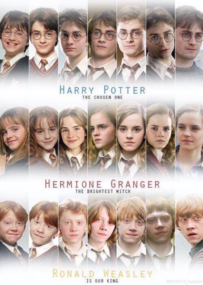 HPotterUniverse's tweet photo. Daniel, Rupert, and Emma as Harry, Ron, and Hermione through the years. https://t.co/uUNan1eyoR