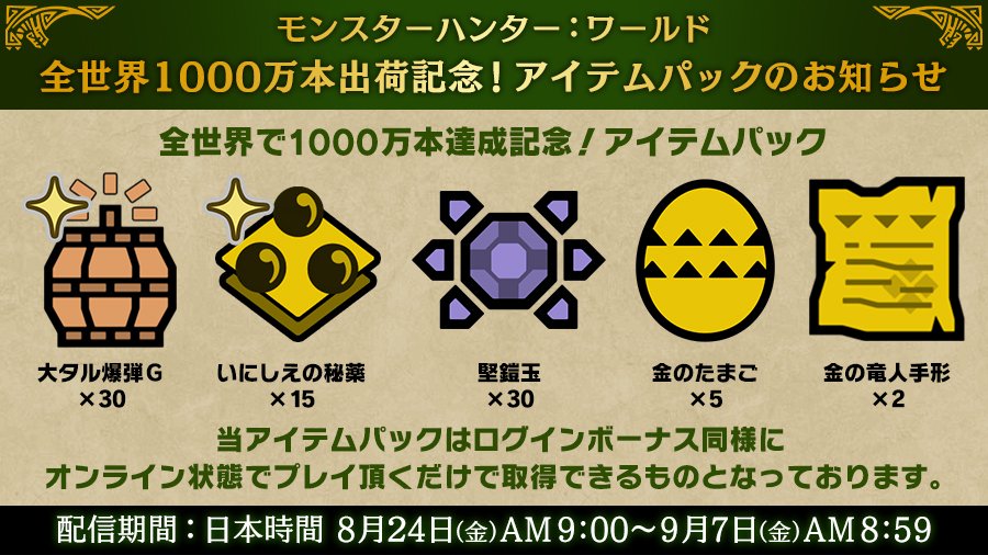 モンスターハンターワールド アイスボーン公式 配信期間 18年8月24日 金 Am9 00 9月7日 金 Am8 59まで モンスターハンター ワールド が全世界で1 000万本を出荷 ダウンロード版販売実績を含む し シリーズ最高出荷記録を更新 これを記念