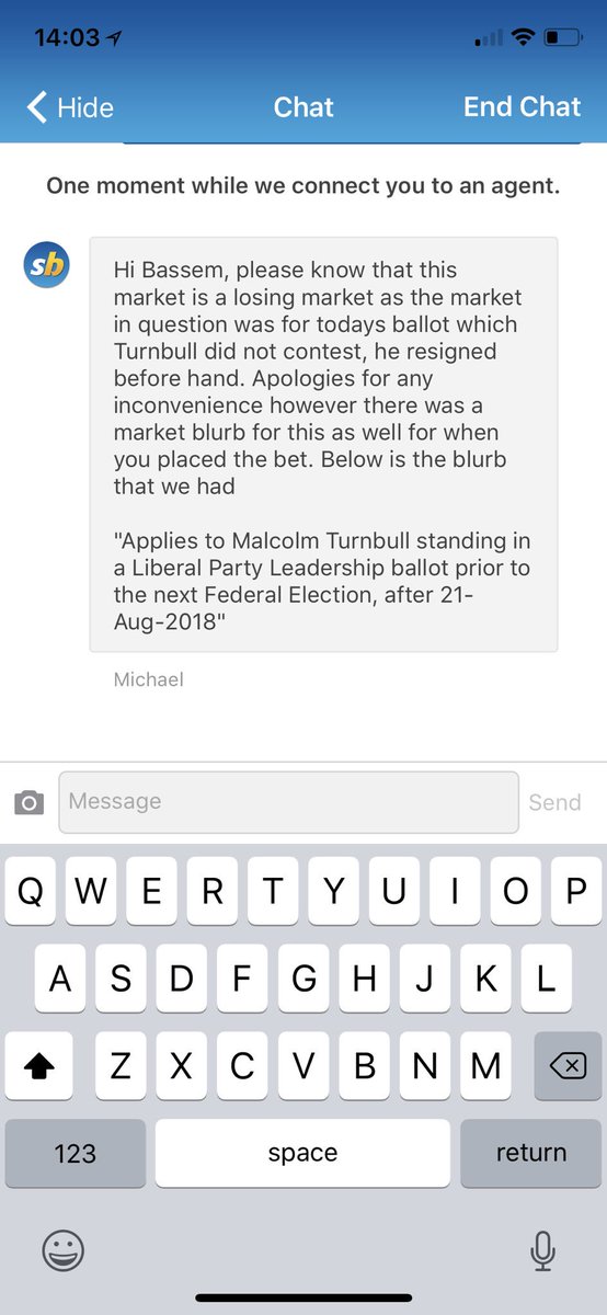 interactiveprod's tweet photo. According to @sportsbetcomau Malcolm Turnbull wasn’t challenged today and they denied bets on a leadership challenge 🤔🤷��‍♂️ #LibSpill https://t.co/7byh1Fls7Z