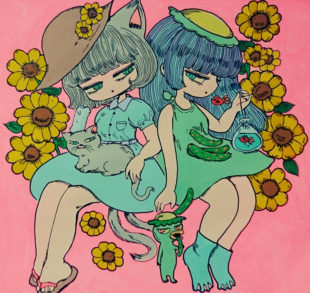 multiple girls flower 2girls dress yellow flower hat fish  illustration images