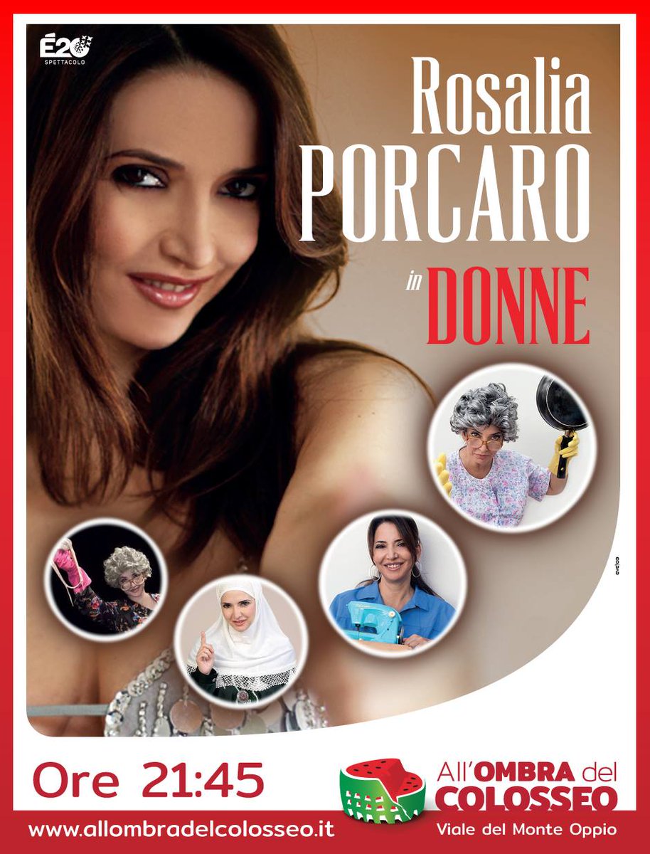 Questa sera Rosalia Porcaro in "Donne" sul palco di All’ombra del Colosseo! 
 Info e biglietti => bit.ly/CheSpettacolo
 #EstateRomana #Cabaret #AllOmbraDelColosseo #StreetFood #Aperitivo