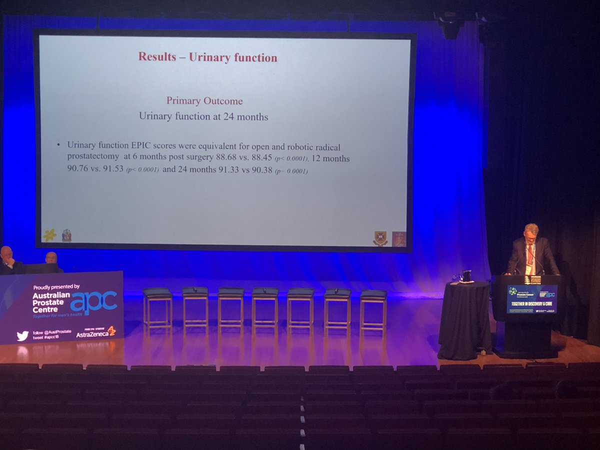 Henry_YC_Pan's tweet photo. Open vs robotic RP debate - n=308 phase 3 RCT in QLD found no difference in oncological outcomes between arms. Lower period complications and blood loss - A/Prof Yaxley #prostatecancer #APCC18 https://t.co/2DTuROuRkY