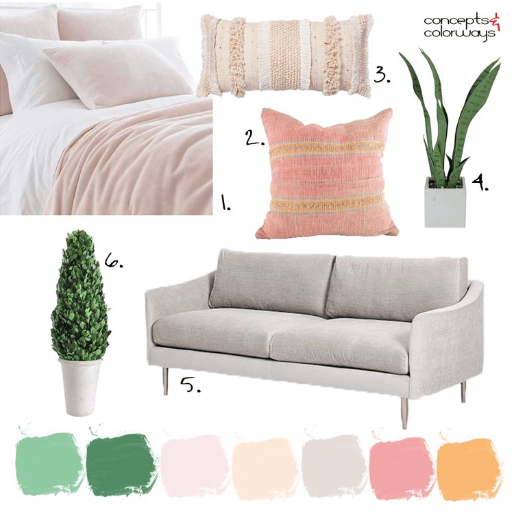 Peach, pink and green. This would be a beautiful color scheme for a bedroom. It's soothing with a touch of sass.

See more of this look on the blog today: buff.ly/2Ln5IHO