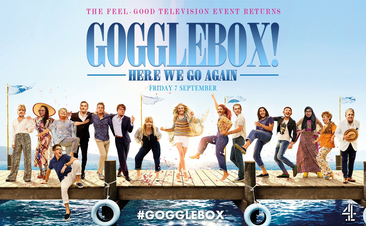 C4Gogglebox's tweet photo. #GOGGLEBOX Here we go again!
☀️😎📺👀😂
New series starts Friday 7th September on @Channel4 

#FridayFeeling #GoggleboxFriday #MammaMia #HereWeGoAgain #Series12 #Friyay #2WeeksToGo https://t.co/BMBz4qfXjn
