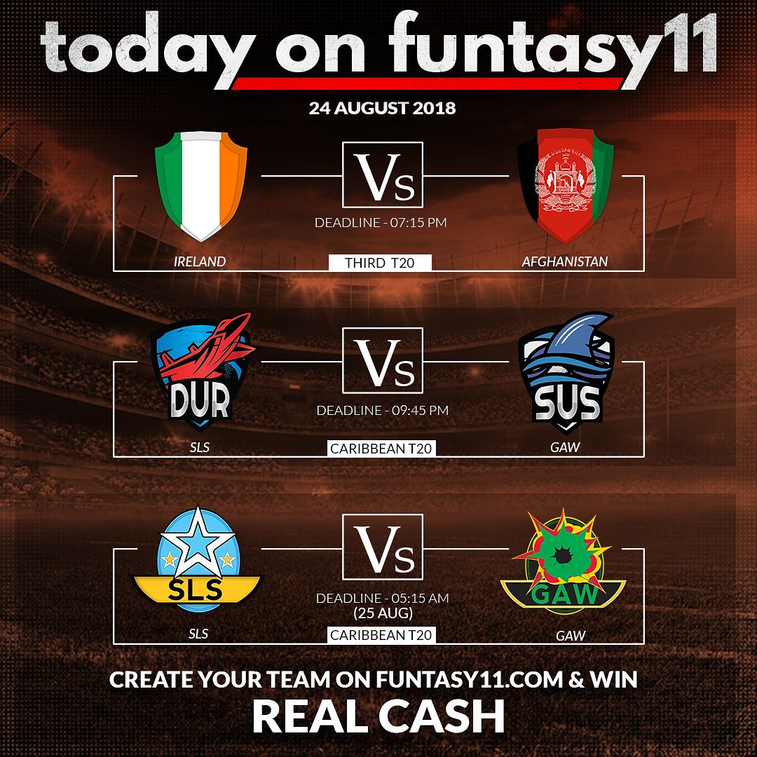3 extremely exciting matches on Funtasy11 today! Join Now and make your teams before the deadline

#Funtasy11 #cashfantasy #dailyfantasy #CPL #CPL2018 #CPL18 #IREvsAFGH #IREvAFG