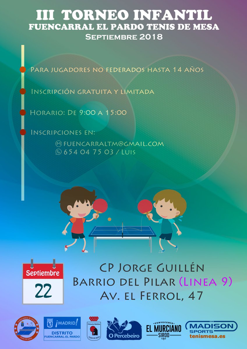 FuencarralTm's tweet photo. Si tienes 14 años o menos y quieres disfrutar de una jornada de Tenis de Mesa gratuita en el CEIP Jorge Guillen el día 22 de Septiembre, contacta con nosotros.

https://t.co/uNDnTGmUft …

¡Te esperamos!

#madrid #tenisdemesa @fuencarralpardo https://t.co/0ckx3HdZFT
