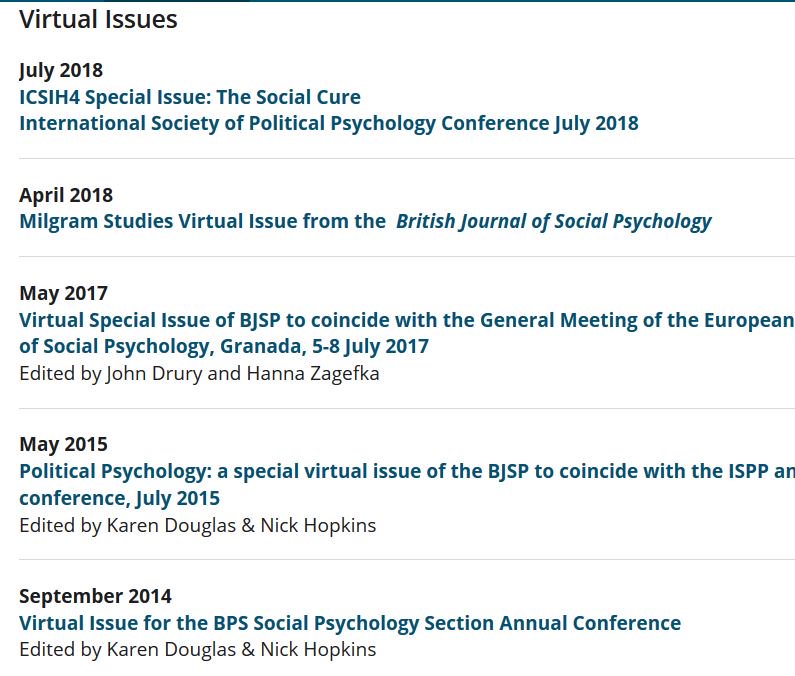 ProfJohnDrury's tweet photo. 6/6 #BJSP For more of our special issues (Milgramology, Social Cure, EASP, ISPP, BJSP, John Turner), see here: https://t.co/UFE3HrTr3P https://t.co/SNMgobPHJH