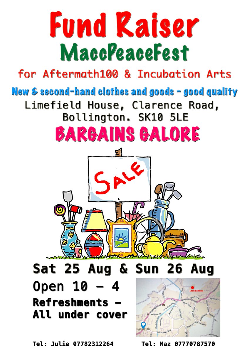 Lots of Bargains on sale at Limefield House, #Bollington, in support of MaccPeaceFest this weekend, 10 - 4 Sat and Sun 25 &amp; 26 Aug. Refreshments will be served.