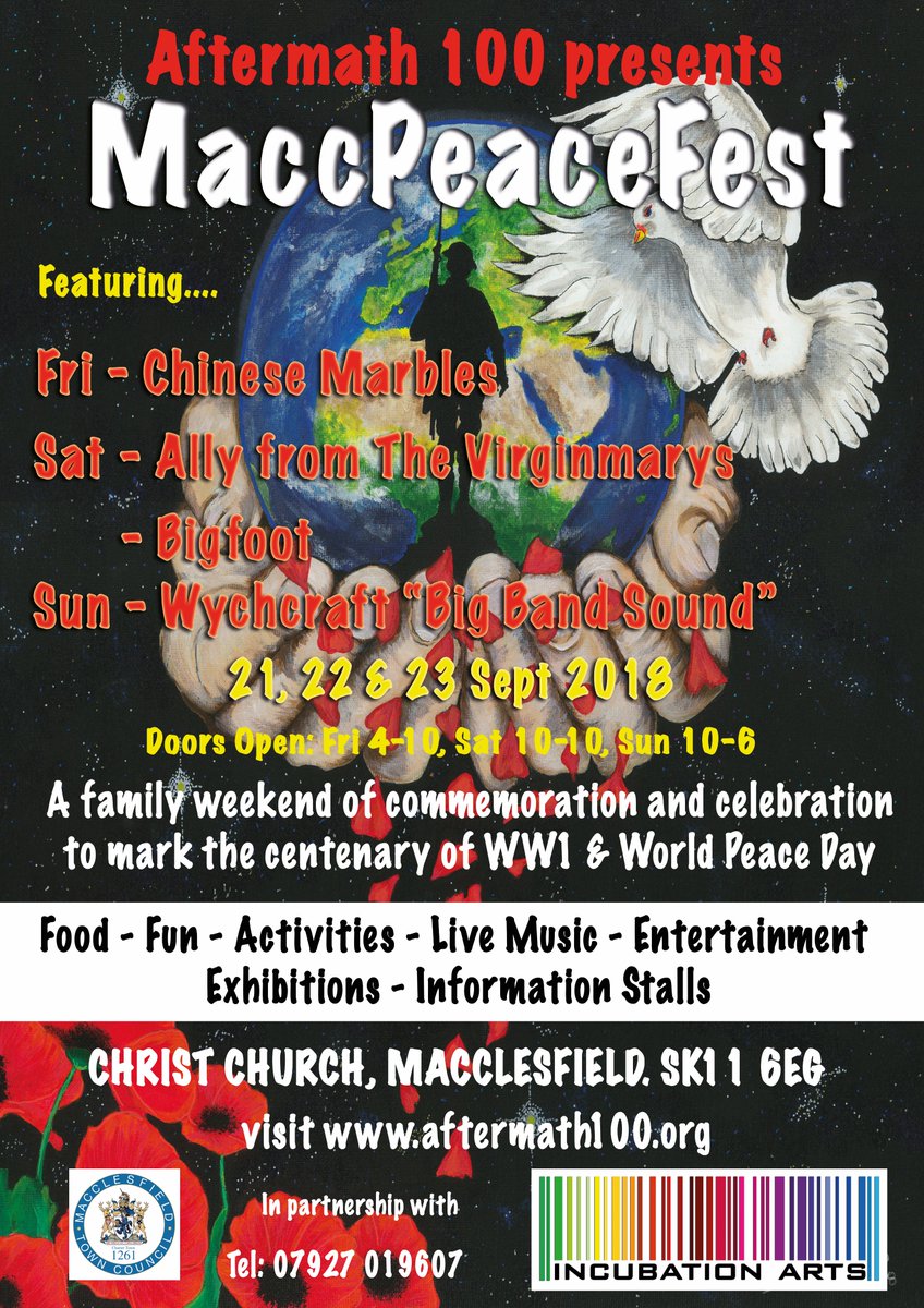 MaccPeaceFest coming soon....  to #Macclesfield 21, 22 &amp; 23 Sep ChristChurch Line up:  Fri @CircusBand, <a href="/ChineseMarbles/">the Chinese marbles</a>, Sat Ally from @TheVirginmarys, @FallingGhost,#Bigfoot, Sun - @aerynnmusic, <a href="/BigBandSound/">ThatBigBandSound</a> @roenaissance Tickets available at Vistor Info Centre Macclesfield