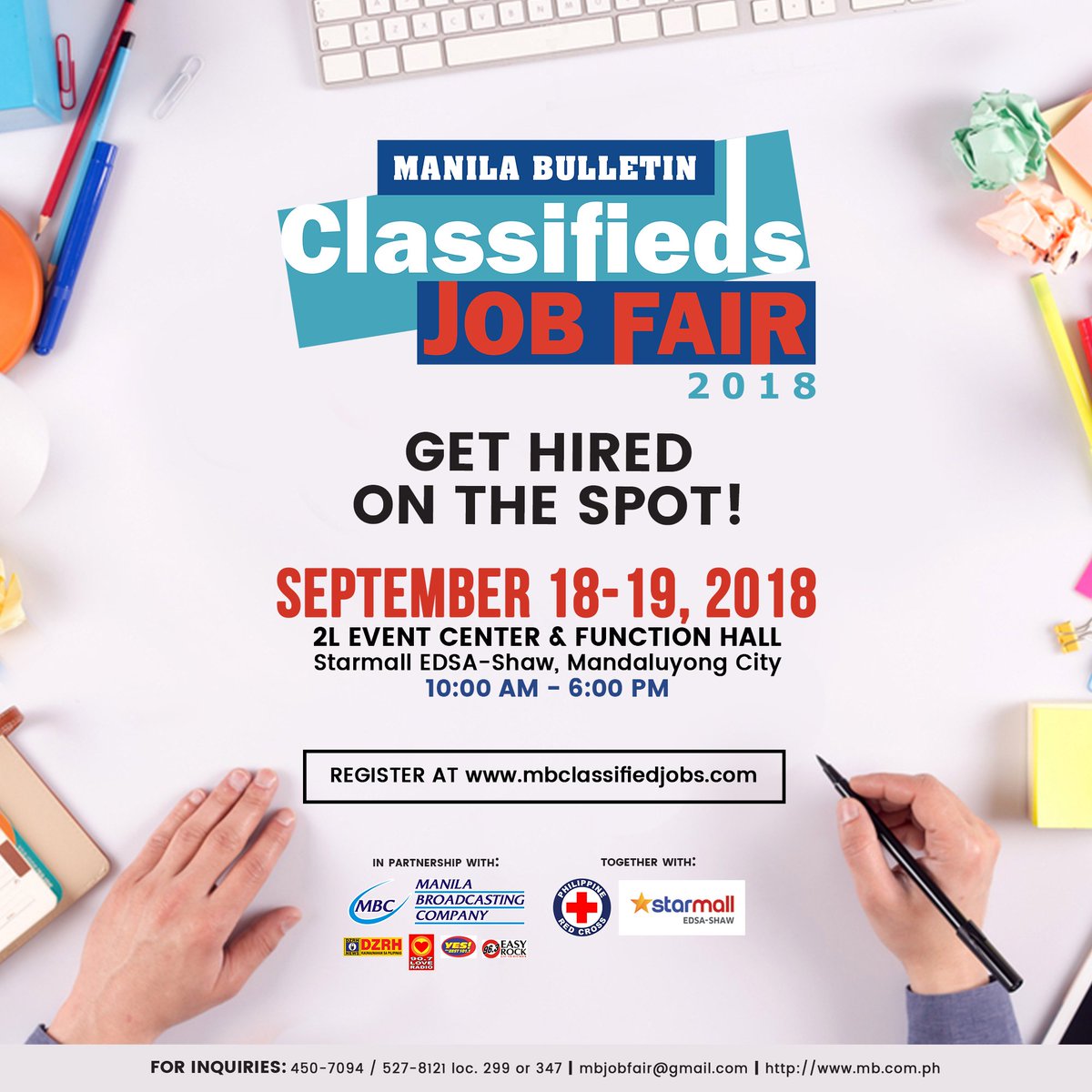 manilabulletin's tweet photo. Don't miss this opportunity to start your new career! Highlight your edge and be the best. Join the #MBJobFair on September 18-19, 2018 at the Event Center and Function Hall of Starmall EDSA-Shaw, Mandaluyong City.

See you there! https://t.co/PxMr5ppUoq
