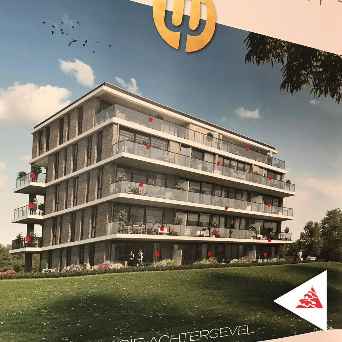 Artist impressies zoals wij ze het liefste zien: vol rode stickertjes. Dus, uitverkocht! Misschien bent u voor het derde gebouw van Waterwijk Hoofdpoort wél op tijd...
