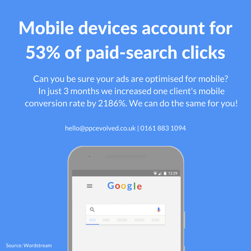 PPCEvolved's tweet image. Are you sure you #ads are optimised for #mobile? In just 3 months we increased one client's mobile conversion rate by 2186%. We can do the same for you. Contact us today on 0161 883 1094 or email hello@ppcevolved.co.uk to find out more.