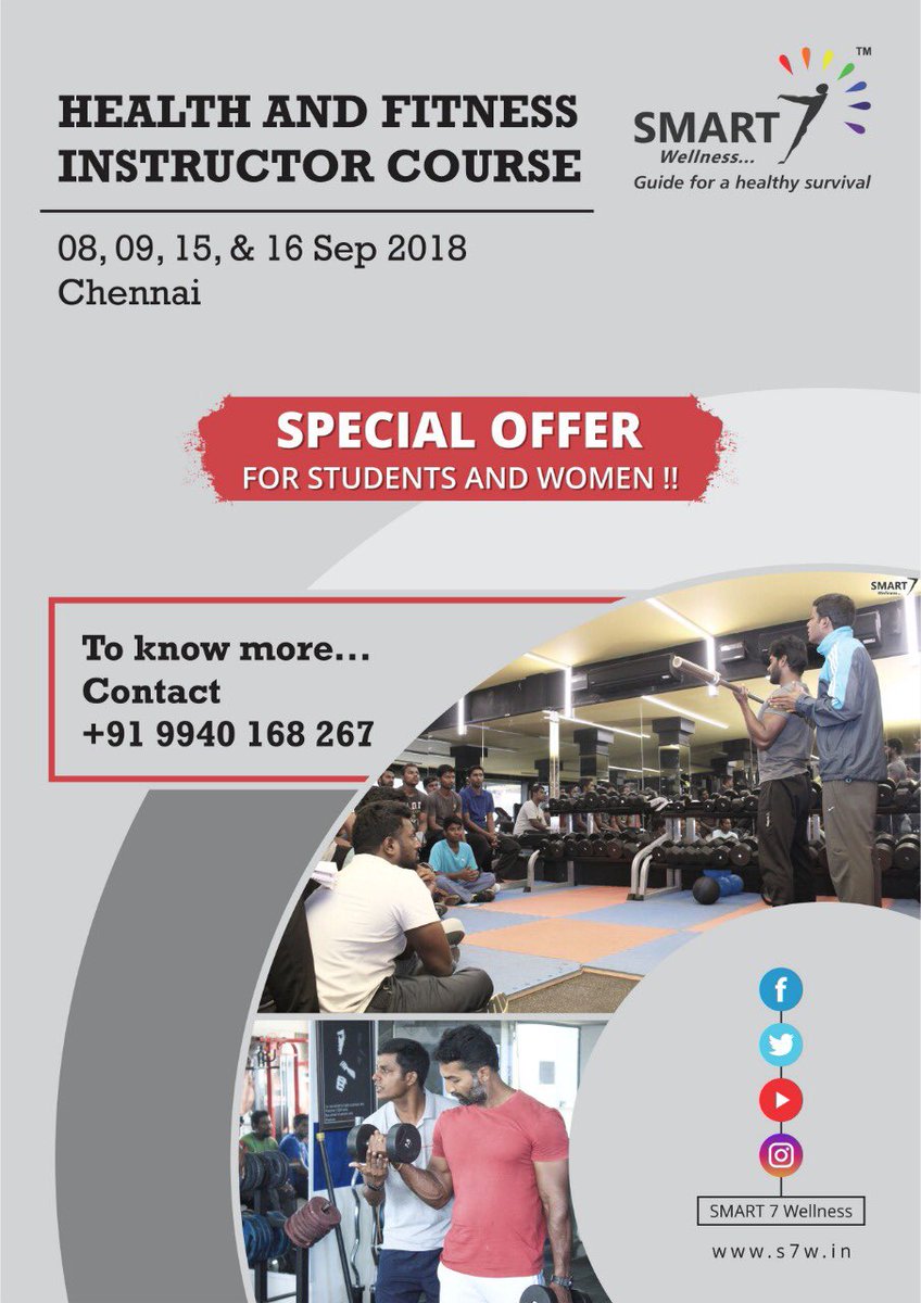 smart7wellness's tweet photo. Special offer !!!
For Students &amp; women...

2 weeks away to go with the next batch of Health and Fitness Instructor course. 

Contact -avail the early bird offer. 
Smart 7 Wellness...
#fitnesstrainer #fitnesstraining #healthtraining #fitnesscourse #chennaifitness #s7w https://t.co/NdTDgjHK0j