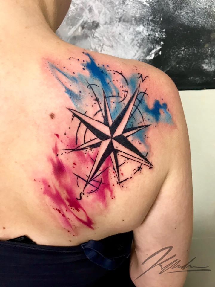 Bmth_Ink's tweet photo. Lovely Watercolour Compass by Award Wining Artist Kristiyan Iliev. To book CONTACT US on 01202 297290 or info@bournemouth-ink.com. https://t.co/5U4fhowfC0