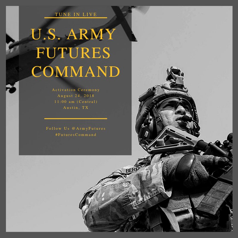 FORSCOM's tweet image. Tune in to @armyfutures for the #FuturesCommand activation ceremony today at 11 a.m. (central).