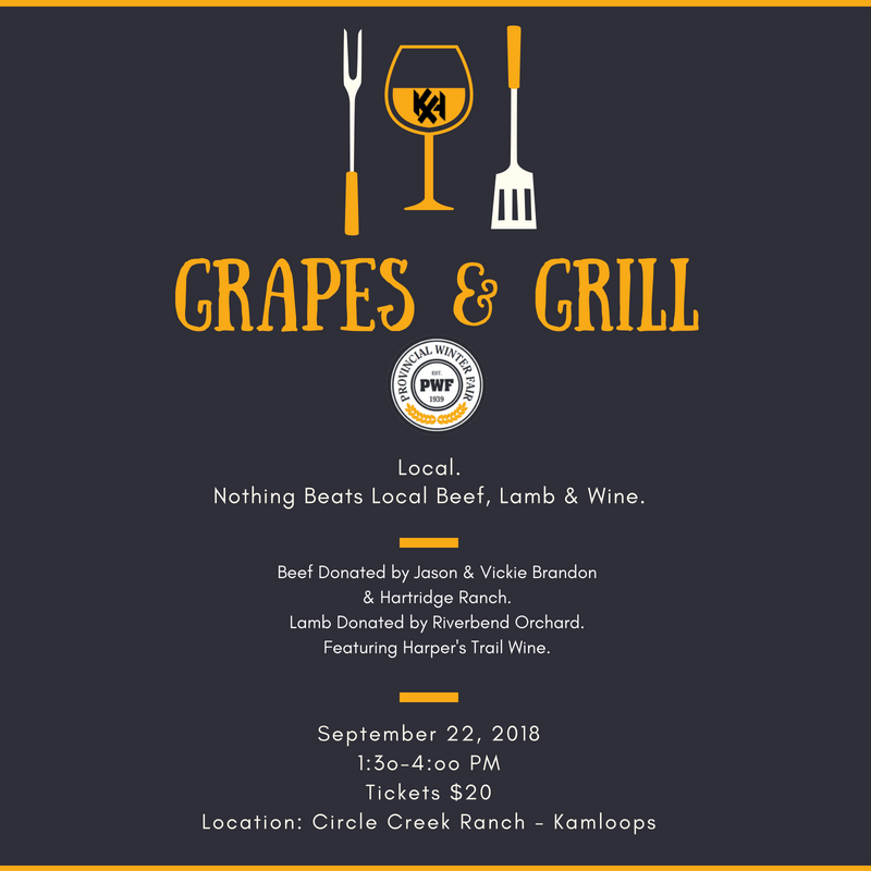 PWFKamloops's tweet photo. Grapes & Grill: A new event at #80thPWF - Sat, Sept 22, 1:30-4 - @HarpersTrail wine paired with chef-prepared local beef & lamb. Tickets include admission to PWF - available from PWF office pwfsecretary @ https://t.co/tPUQHDdGes or PWF committee members! Please join us! https://t.co/T1I8jRXvoc