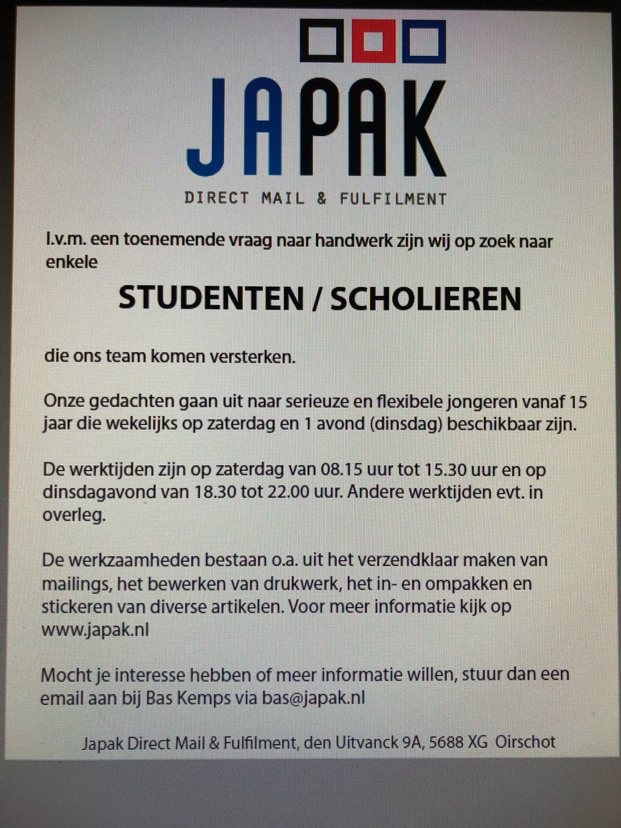 Wij zijn op zoek naar studenten &amp; scholieren voor werk op zaterdag overdag en dinsdagavond. Interesse of vragen? Mail naar bas@japak.nl. RT is fijn
