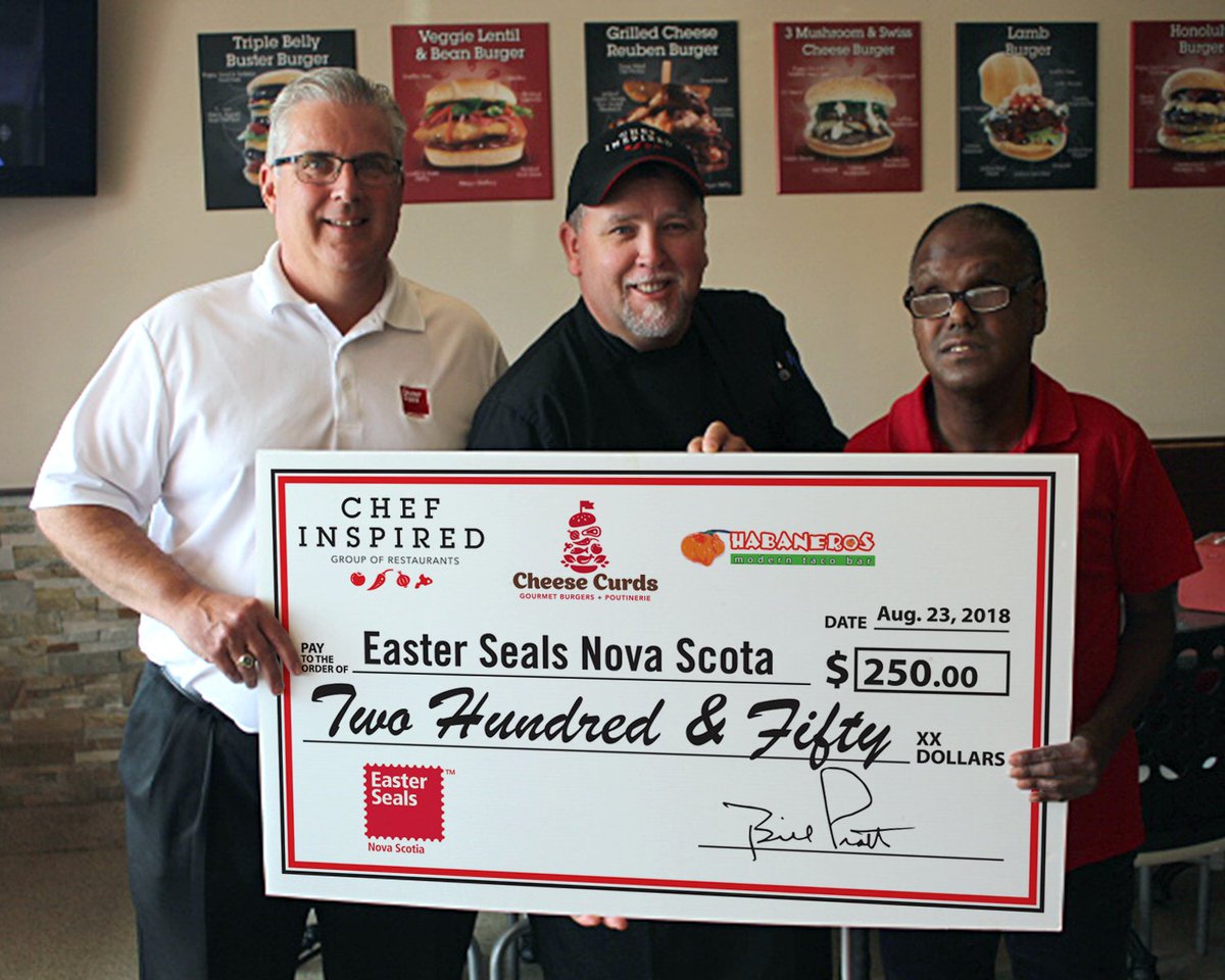 CheeseCurds's tweet photo. Thank you for helping us, help @eastersealsns during our @FoodDayCanada celebration! Chef Ronnie presents a cheque for $250 to John and Easter Seals Ambassador Derryck.
#EasterSealsNS #morethanable #mobility #inclusion #Independence #localssupportinglocal https://t.co/HePu8R5eDb