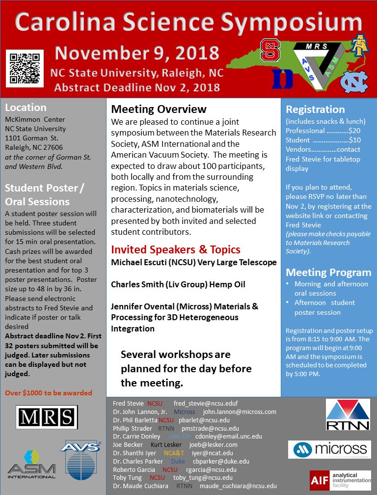 NCStateNanoFab's tweet photo. All –
The NNF would like to remind all of its users of the upcoming Carolina Science Symposium (CSS), which will be held Friday, November 9 at the McKimmon Center. https://t.co/yiUEQxLoJN