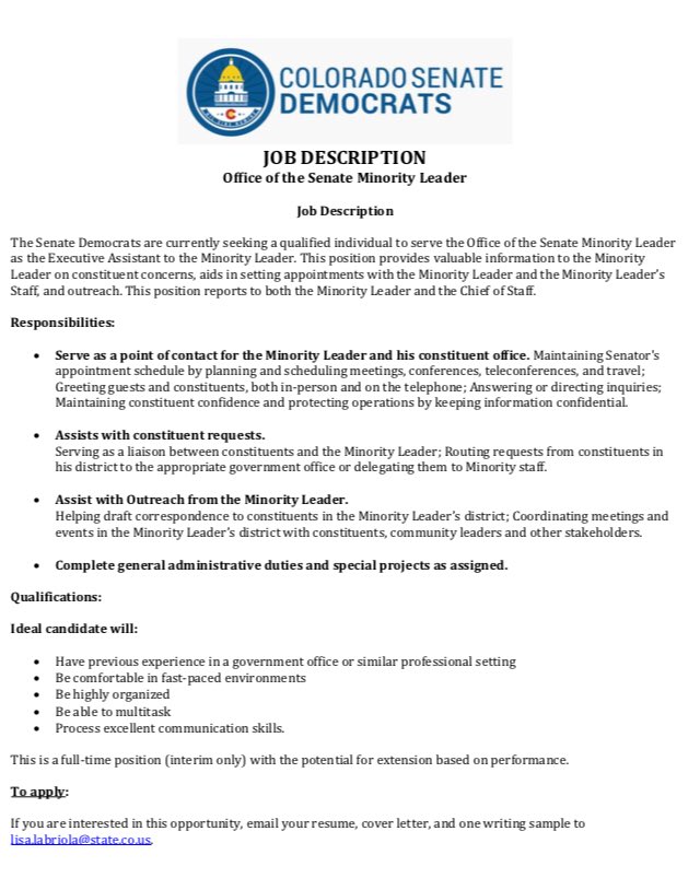 SenRhondaFields's tweet photo. Great news job seekers. The office of the Colorado Senate Democrats at #CoSenDem is hiring! We are looking to hire an Executive Assistant to the Minority Leader. Please re-tweet and circulate with your network. See the job posting here. #COleg #copolitics #JobOpening https://t.co/5GuvCJgsrj