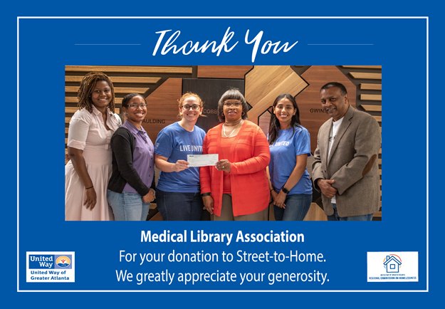 MedLibAssn's tweet image. The MLA’18 Local Assistance Committee is pleased to present a check to United Way of Atlanta’s Street-to-Home program whose mission is to end chronic homelessness. The United Way program helps people achieve long-term housing stability and self-sufficiency.  #mlanet18