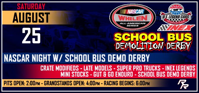 RiverheadRacewy's tweet photo. Saturday Night @NASCARHomeTrack action!
Bring the whole family to Riverhead Raceway to see the best racing in New York as well as #SchoolBusDemoDerby https://t.co/RjYKlfqWvj