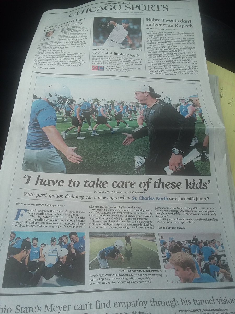 SRyanAthletic's tweet photo. Buy @chicagotribune today and check out my story on the front of @ChicagoSports about how one high school football coach @robertpomazak is thinking innovatively about how to save the sport. https://t.co/o1DdwVXTgq https://t.co/MwHJRMfkWm
