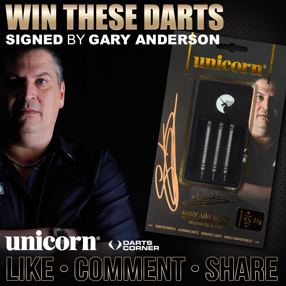 DartsCorner's tweet photo. Want to win a set of @GaryAnderson180 Signed Darts?
 Like and R/T &amp; comment with the answer.
 What Major Tournament did Gary win in Blackpool in July?
 Winner announced 31st August. Thanks to our friends @UnicornDarts for this great prize. 
*Competition also on our Facebook page https://t.co/inO3lr1eCF