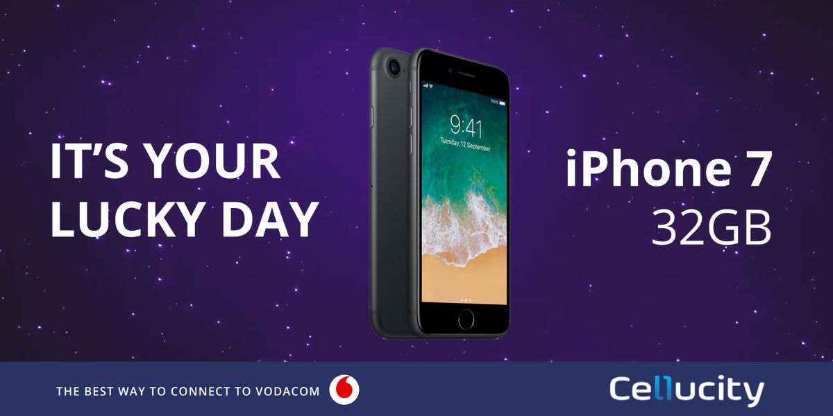 Cellucity's tweet photo. IT'S YOUR LUCKY DAY! Get the iPhone 7 32GB for R429 pm x 24 on the Smart XS+. Get it quick - Only 35 deals available! 💙 📱Get the deets > https://t.co/cGw0B4zyRB

#AppleSA #iPhone @Cellucity https://t.co/Bi8I4BgQzi