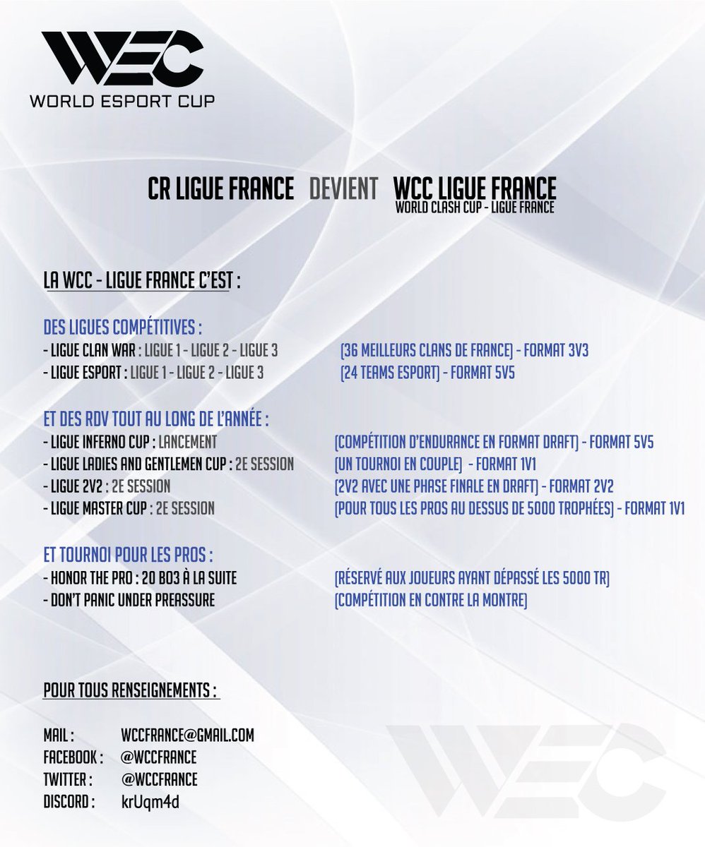 CRligueFrance se développe et devient WCC (World Clash Cup) 

WCC c'est des compétitions prestigieuses tout au long de l'année ;) 
avec notamment la Ligue Clan War et la Ligue Esport. 

Pour vous inscrire, suivez nous sur les réseaux sociaux ;)
