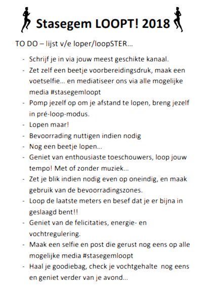 StasegemLoopt's tweet photo. #stasegemloopt TODO lijst voor deelnemers en supporters. https://t.co/VgYSFGL2ho