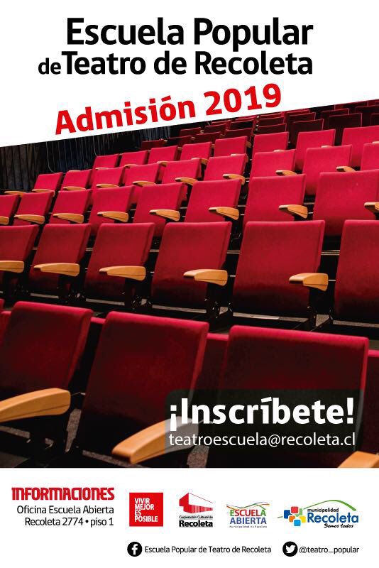 Ya están abiertas las inscripciones para el proceso de admisión 2019. Inscríbete escribiendo a teatroescuela@recoleta.cl