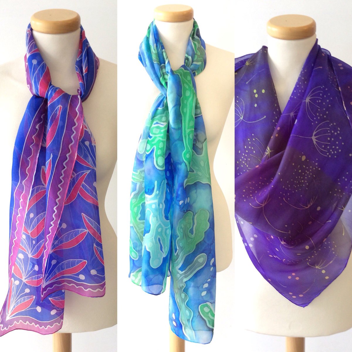 ScillyScarves's tweet image. Three new vivid silk scarves in the studio (and seven other new scarves!). #silk #scilly