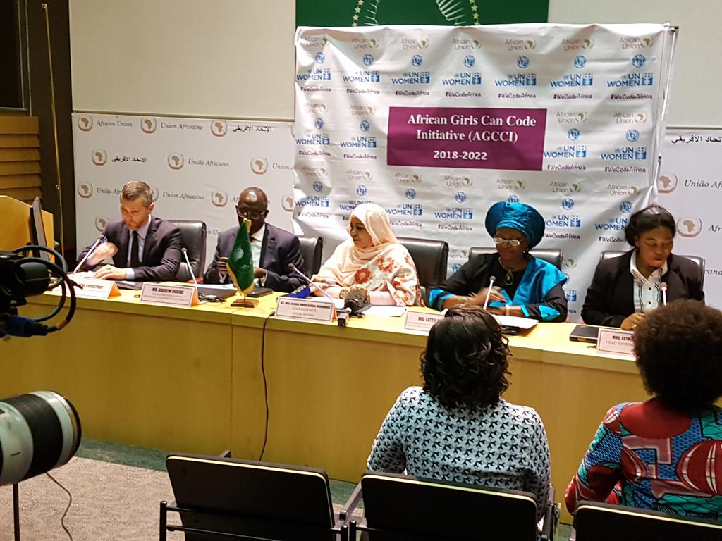 unwomenafrica's tweet photo. Happening Now: African Girls Can Code Initiative Press Conference at the @_AfricanUnion HQ in Addis Ababa, Ethiopia. #AGCCI2018  #WECODEAFRICA https://t.co/QAg6EI6Ber