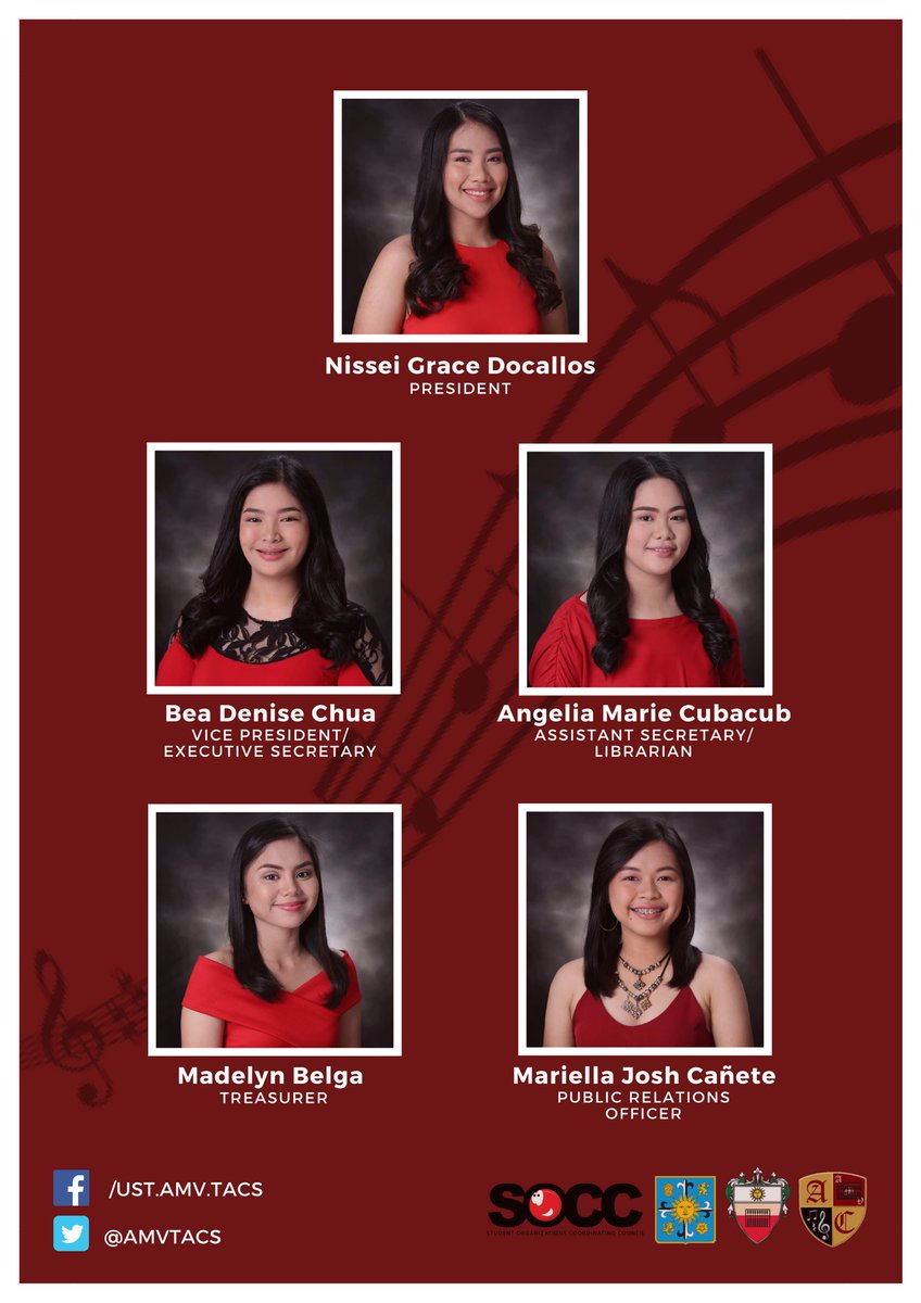 AMVTACS's tweet photo. The Accountancy Chamber Singers, the official choral group of the UST Alfredo M. Velayo – College of Accountancy, proudly presents its new members of the Executive Board for Academic Year 2018-2019.

Be with us as we continue to create beautiful music together.
#PARA11ELGOALS https://t.co/o1AvvTZJzg